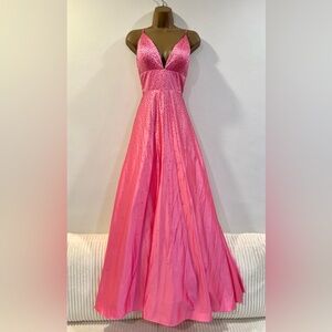Pink V-Neck crystal A-line long formal prom pageant dress